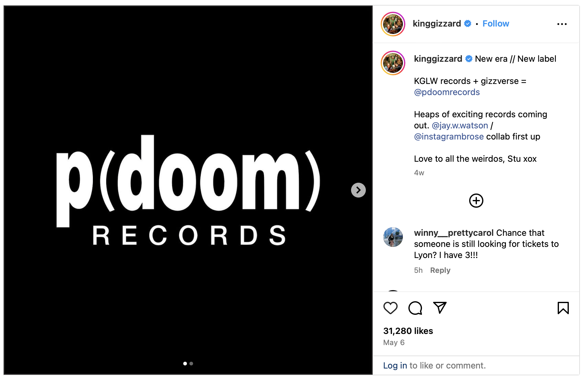 A screenshot of an Instagram post announcing p(doom) with the logo in white text on a black background.